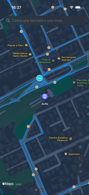 Mappa dell'app Madovai con mezzi Cotral e Atac